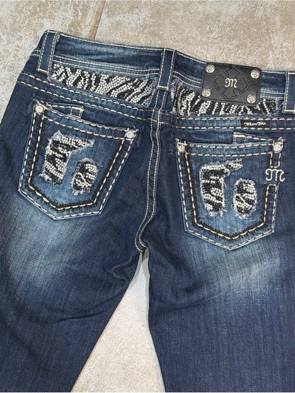 Miss Me Dark Blue Embellished Boot Cut Jeans with Zebra Bead Accents